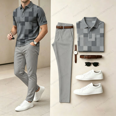 Men's Casual Color-Blocked Plaid Printed Polo Shirt And Pants Two-Piece Set
