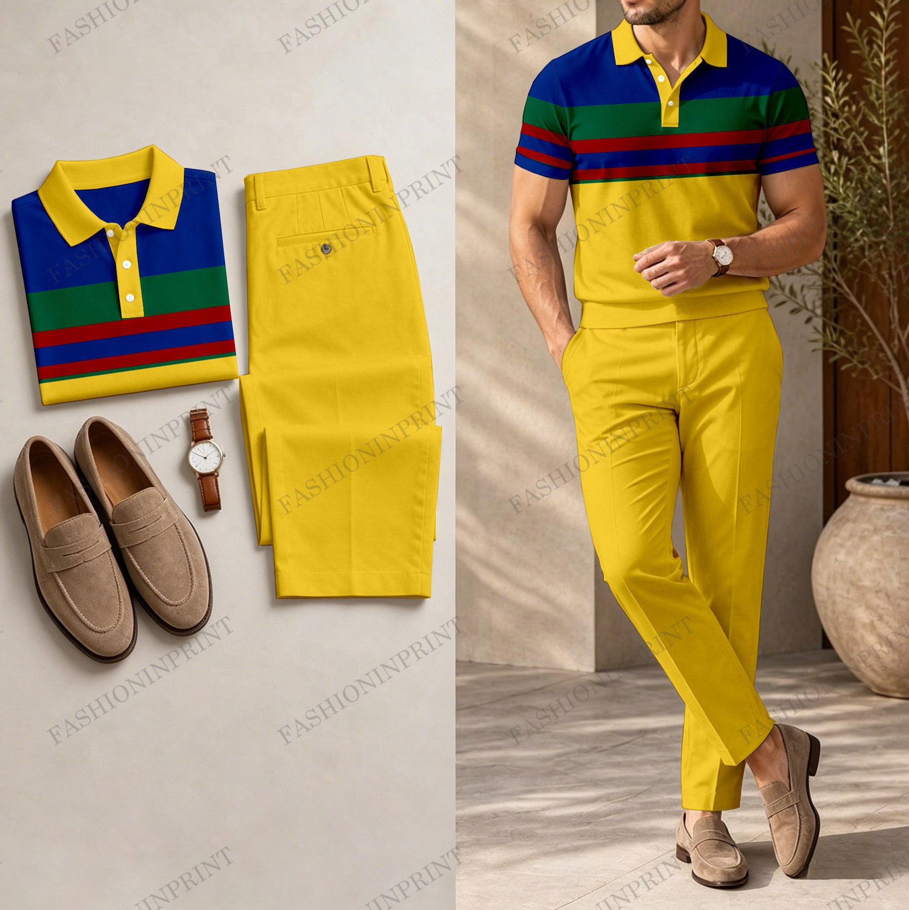 Men's Casual Yellow Printed Polo Shirt And Pants Two-Piece Set