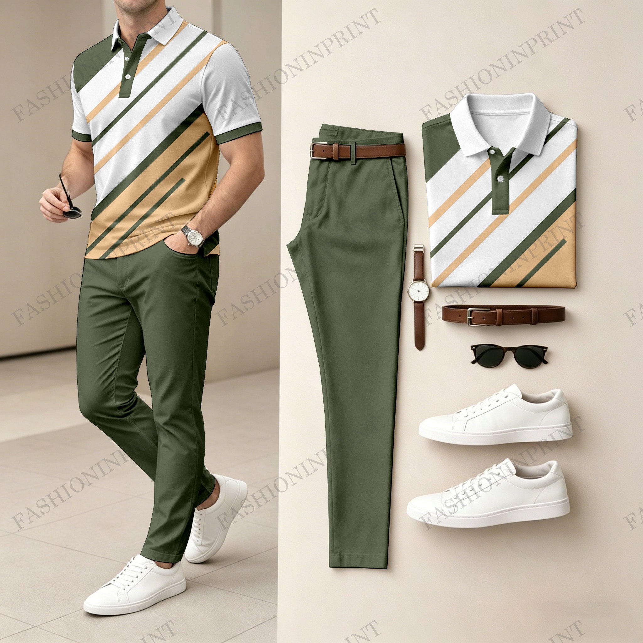 Men's Casual Black & White Twill Printed Polo Shirt And Pants Two-Piece Set