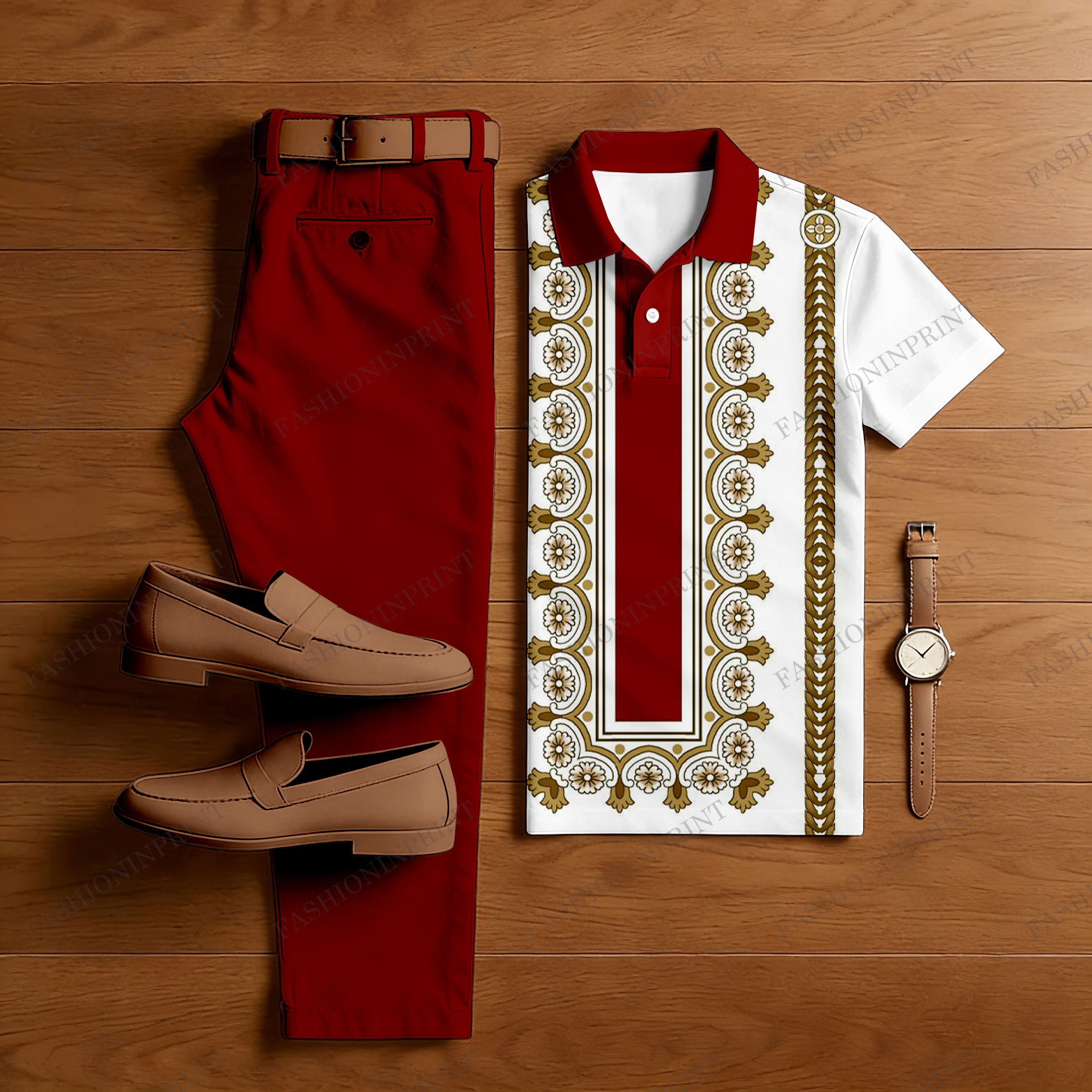 Men's Casual White & Red Color Matching Baroque Style Printed Short Sleeved Polo Shirt & Trousers Two-Piece Set
