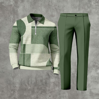 Men's Casual Color Matching Printed Polo-Collar Zipper Long Sleeved Trousers Two-Piece Set 1120