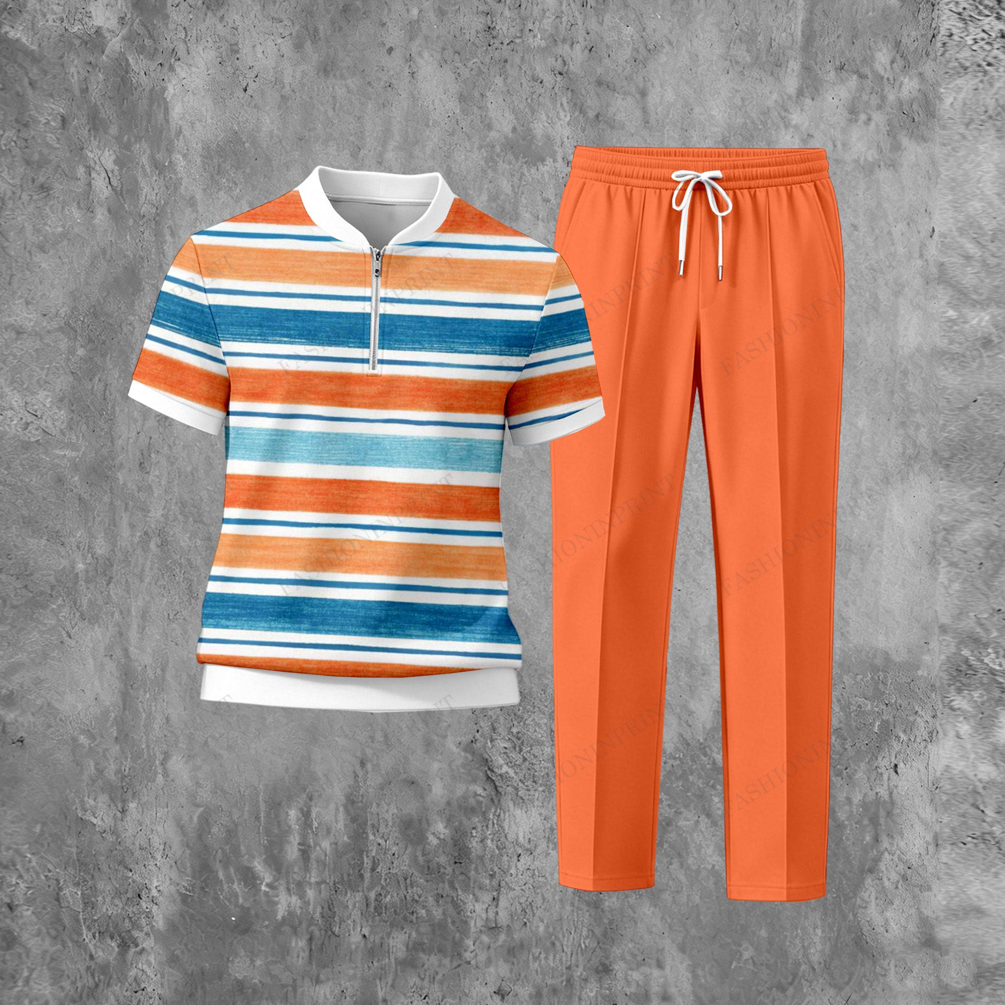 Men's Casual Orange Stripes  Printed Half-Zip Short-Sleeve T-Shirt And Pants Two-Piece Set