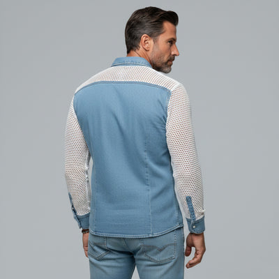 Men's Stylish Plain Denim Patchwork Mesh Hollow Out Chest Pocket Shirt