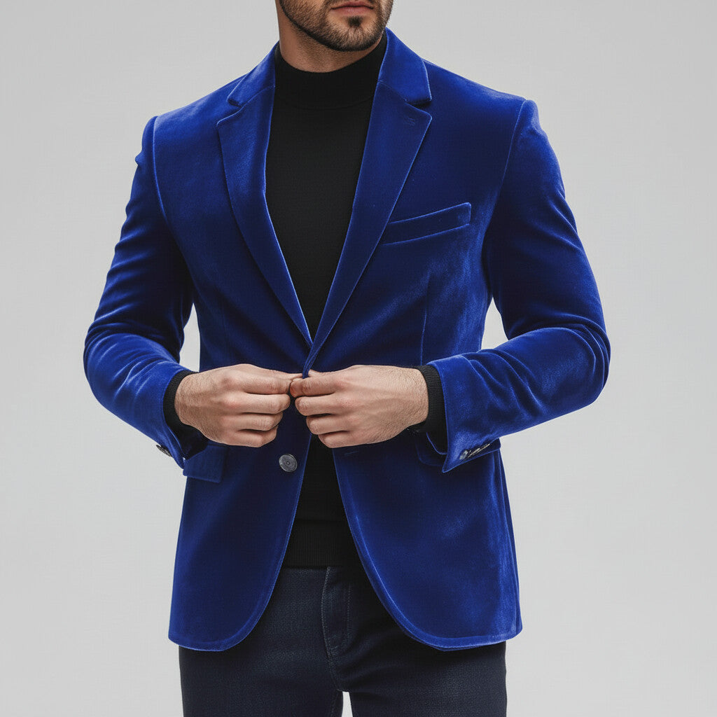 Men's Evening Blue Notch Lapel One Button Long Sleeve Velvet Blazer
