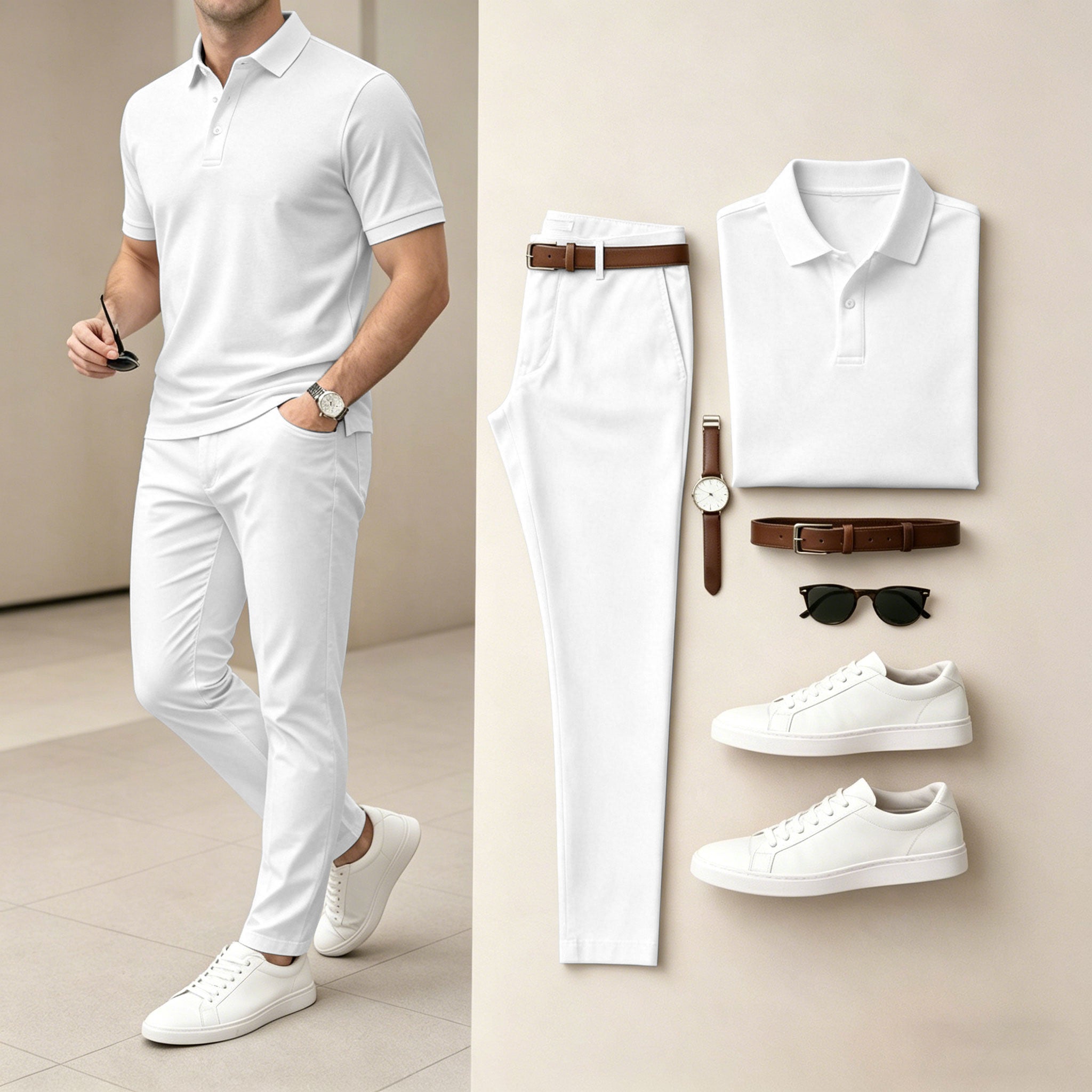 Men's Casual White Printed Polo Shirt And Pants Two-Piece Set 205268