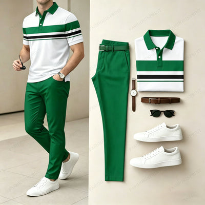 Men's Casual Red Geometry Printed Polo Shirt And Pants Two-Piece Set