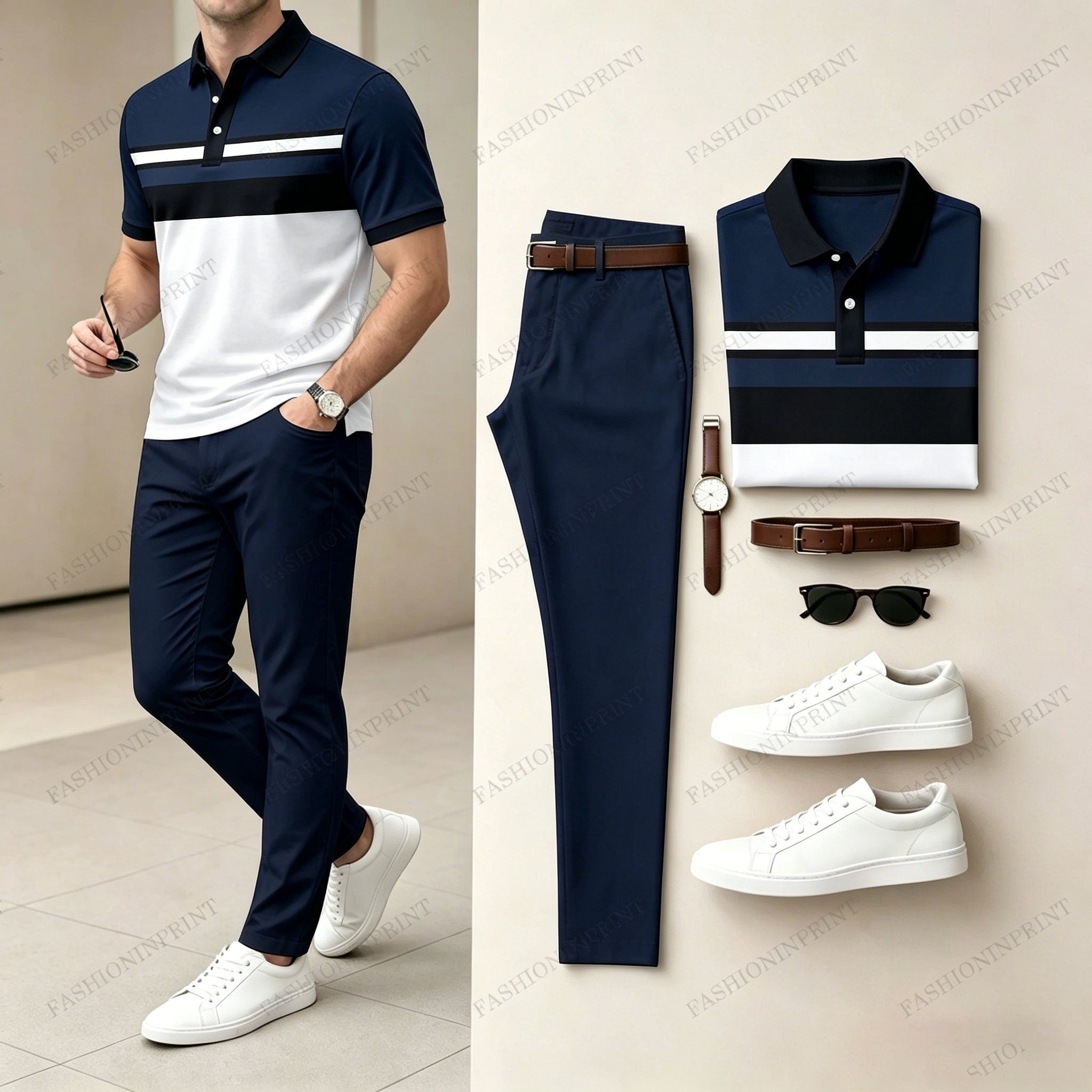 Men's Casual Khaki Geometry Printed Polo Shirt And Pants Two-Piece Set