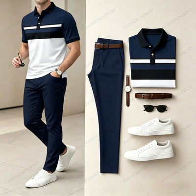 Men's Casual Khaki Geometry Printed Polo Shirt And Pants Two-Piece Set