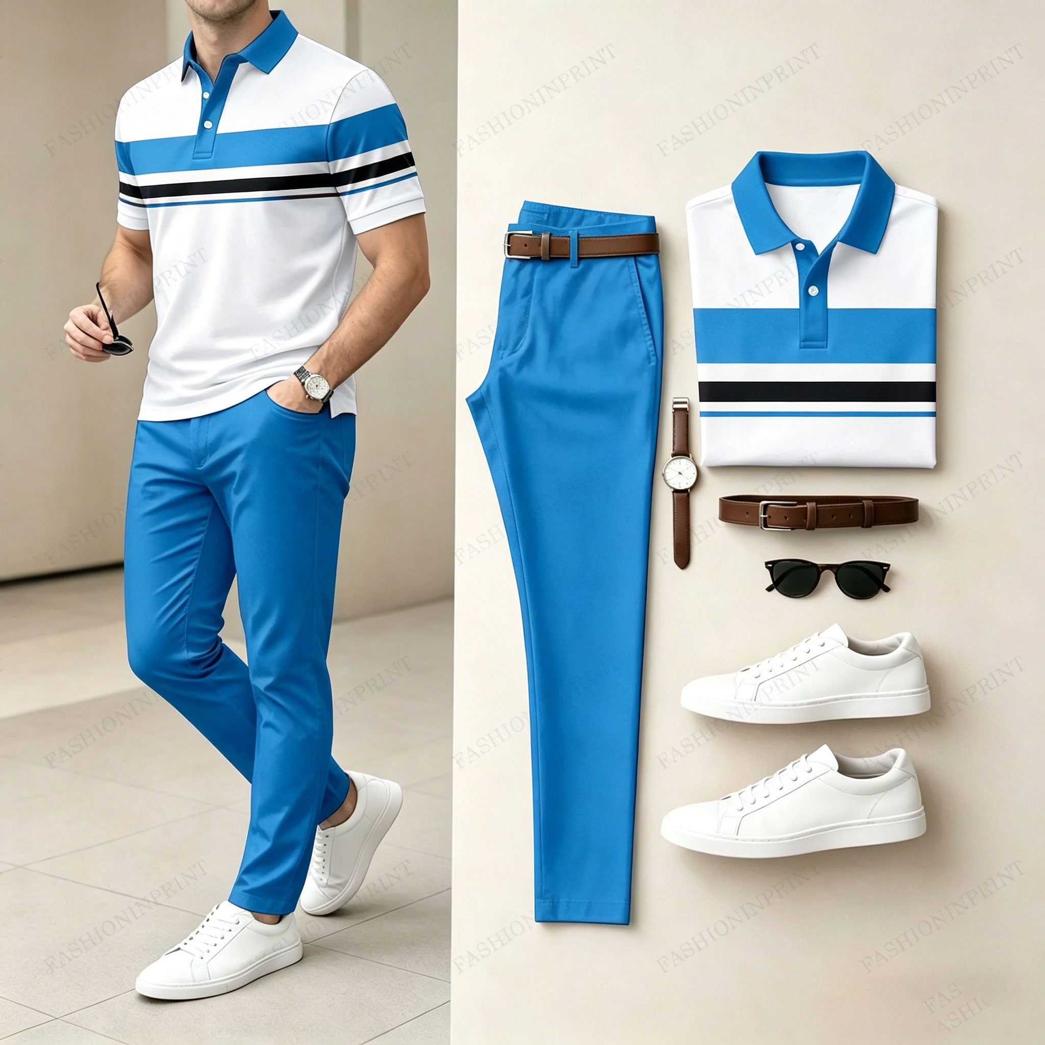 Men's Casual Red Geometry Printed Polo Shirt And Pants Two-Piece Set