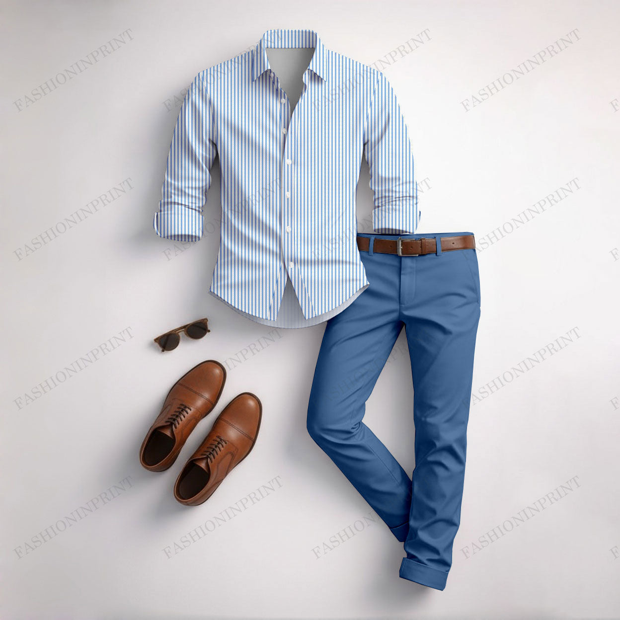 Men's Casual Blue & Light Blue Color Matching Striped Printed Long Sleeved Shirt & Trousers Two-Piece Set