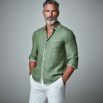 Men's Turndown Collar Button Chest Pocket Contrast Binding Long Sleeve Shirt
