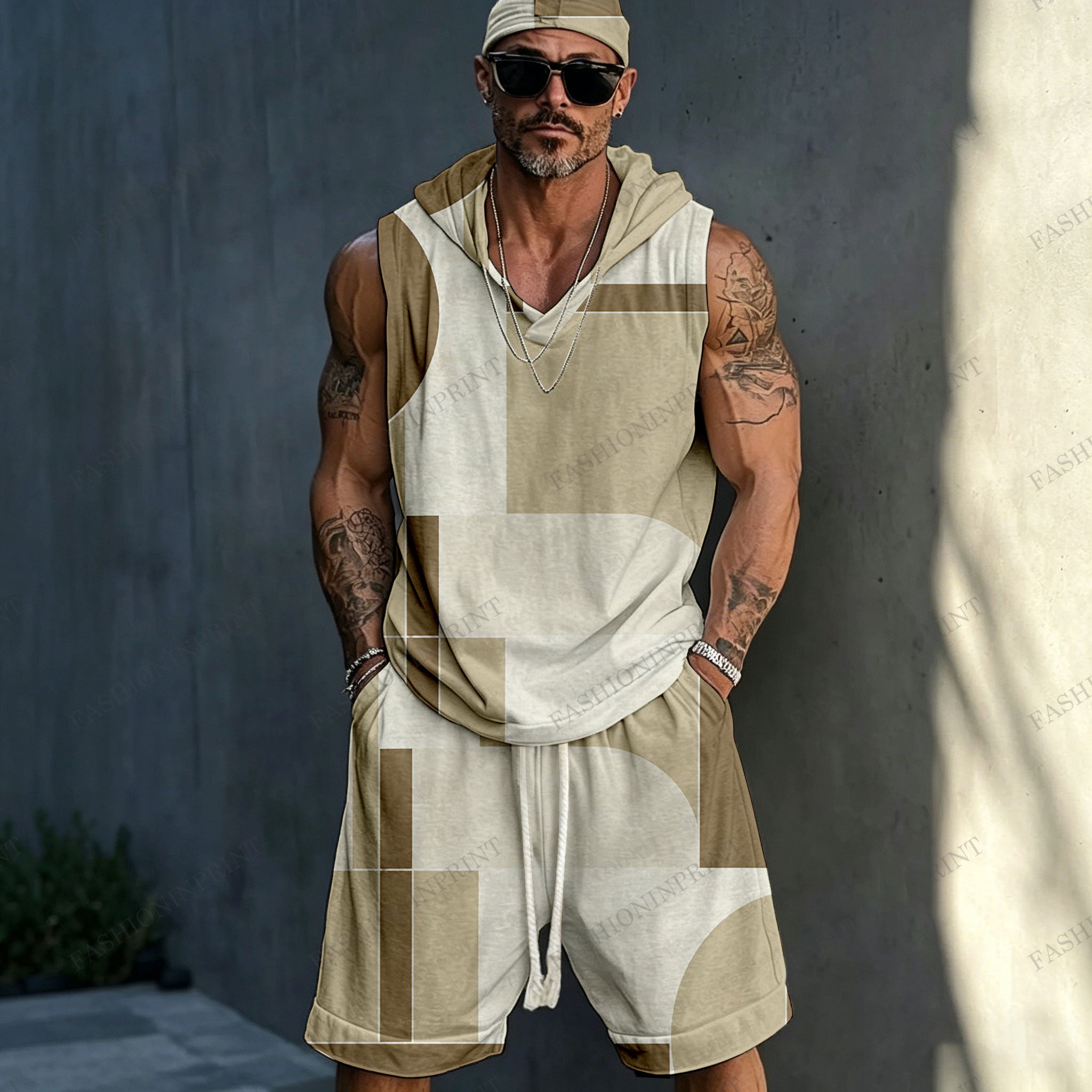 Men's Casual Off-White Geometric Printed Sleeveless Hoodie And Shorts Set (Hat Not Included)
