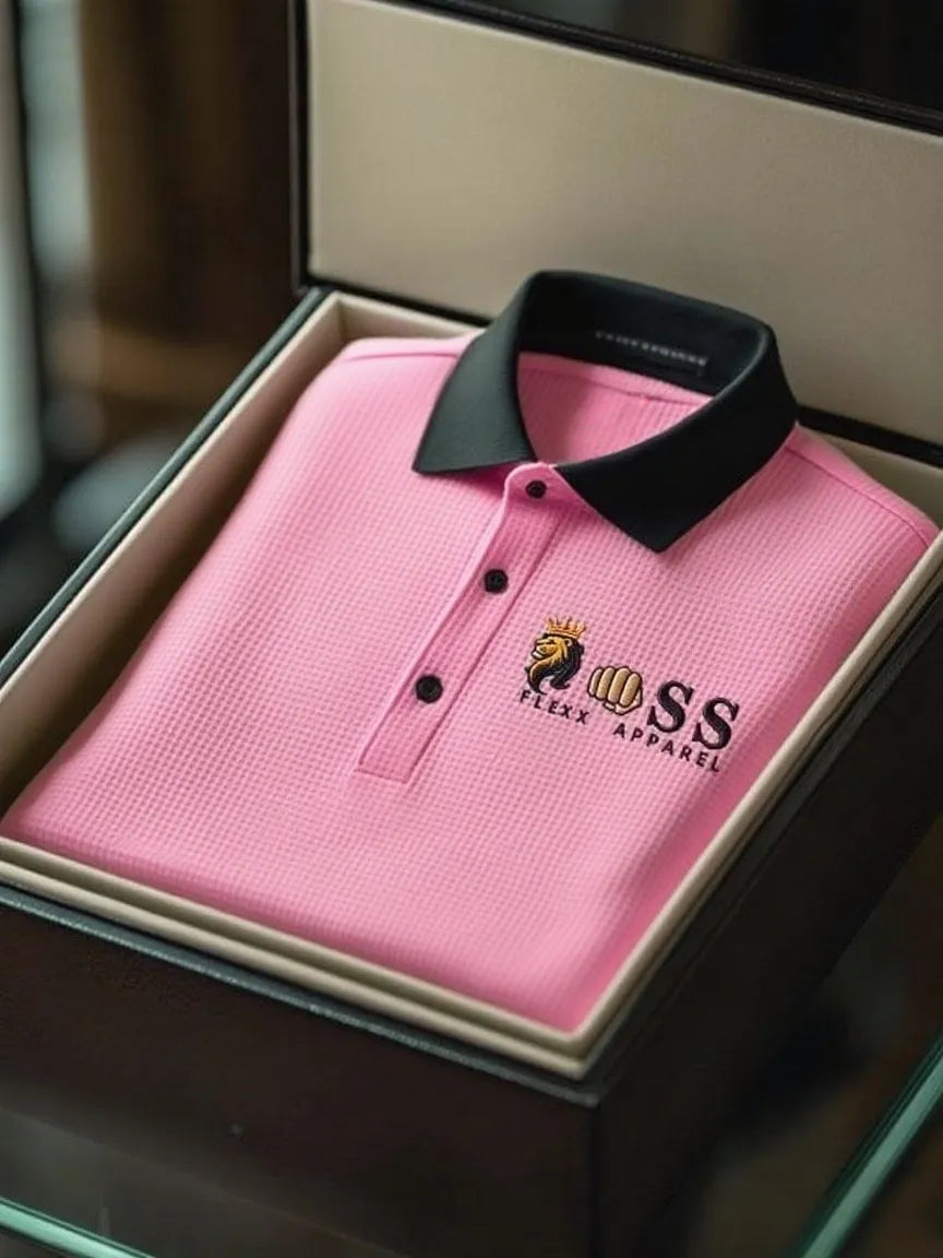 Men's Fashion Business Style Letter Printed Waffle Casual Short Sleeve POLO Shirt