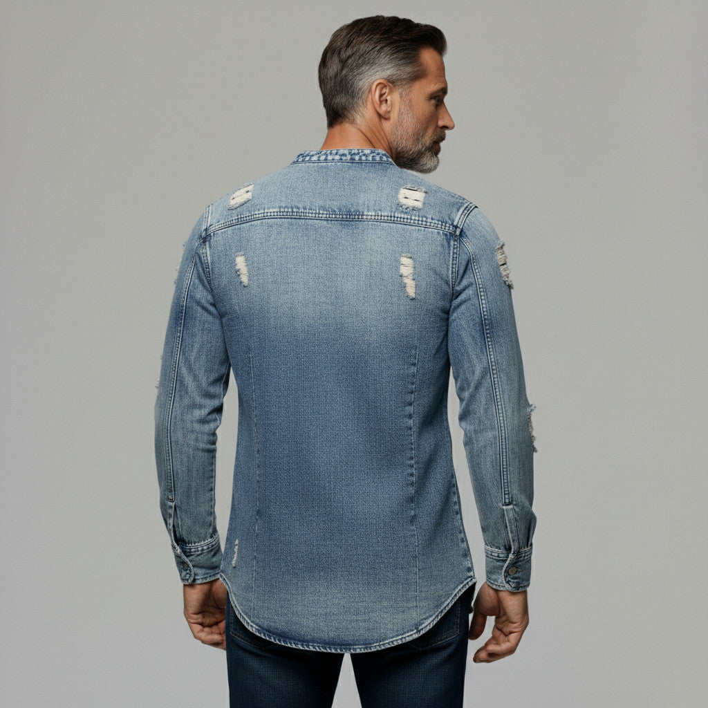 Men's Denim Blue Ripped Notch Neck Slit Asymmetrical Hem Long Sleeve Shirt