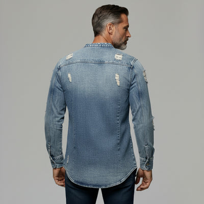 Men's Denim Blue Ripped Notch Neck Slit Asymmetrical Hem Long Sleeve Shirt