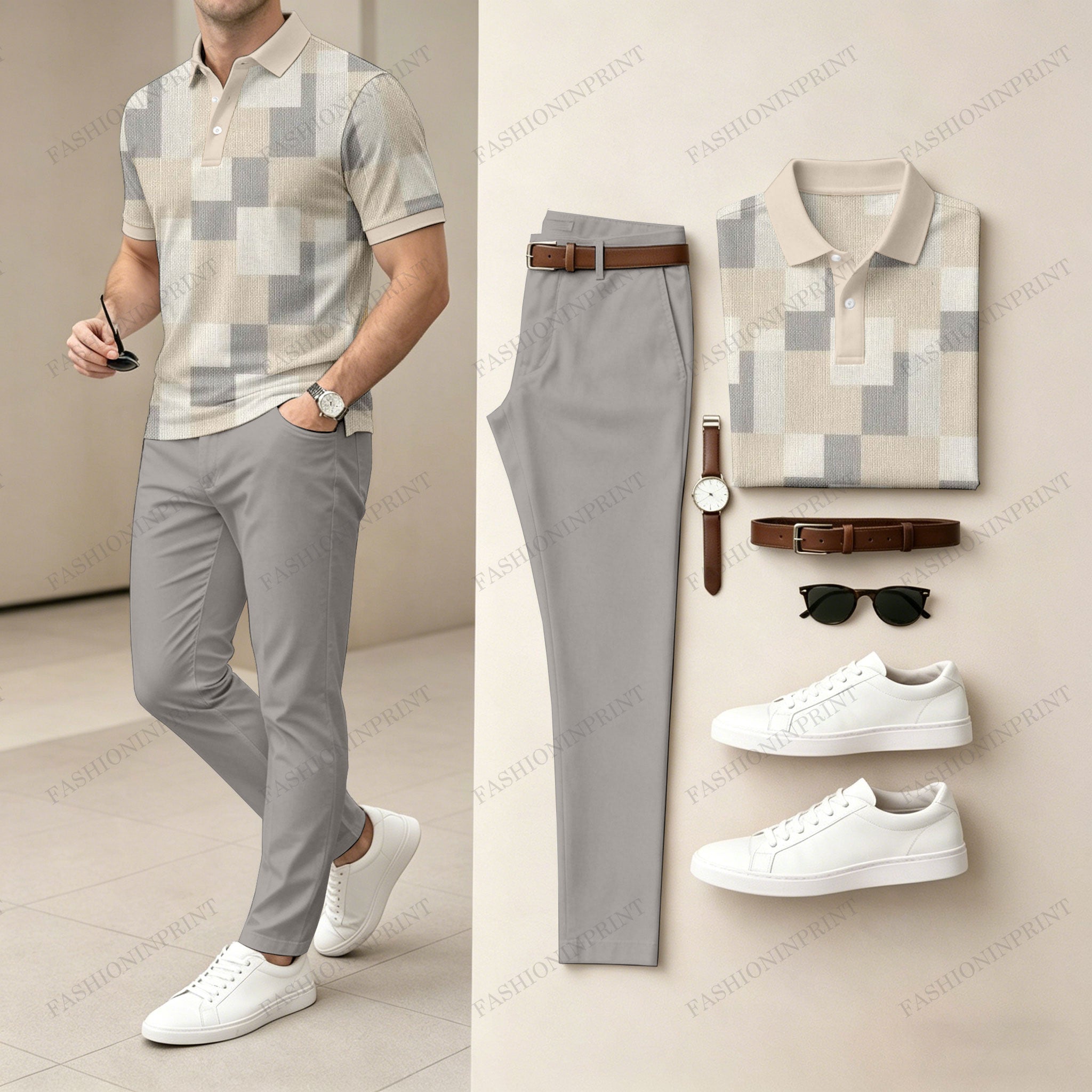 Men's Casual Color-Blocked Plaid Printed Polo Shirt And Pants Two-Piece Set