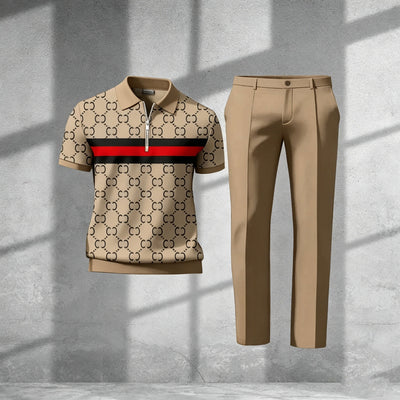 Men's Casual Gray & Black Color Matching Vintage Pattenr Zipper Short Sleeved Polo Shirt & Trousers Two-Piece Set
