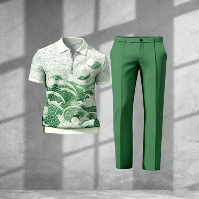 Men's Casual Blue Floral Short-Sleeved Half-Zip Polo Shirt And Blue Trousers Two-Piece Set