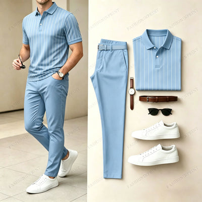 Men's Casual Printed Polo Shirt And Pants Two-Piece Set