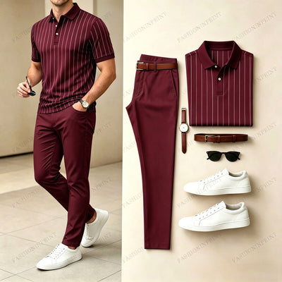 Men's Casual Printed Polo Shirt And Pants Two-Piece Set