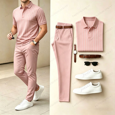 Men's Casual Printed Polo Shirt And Pants Two-Piece Set