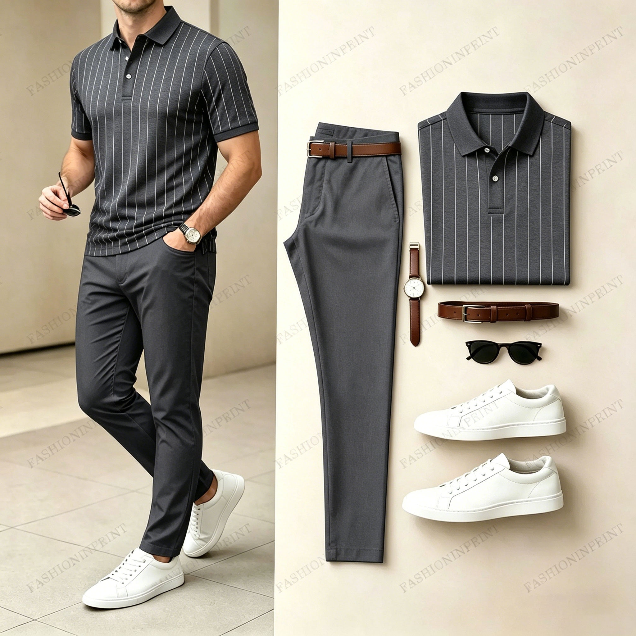 Men's Casual Printed Polo Shirt And Pants Two-Piece Set