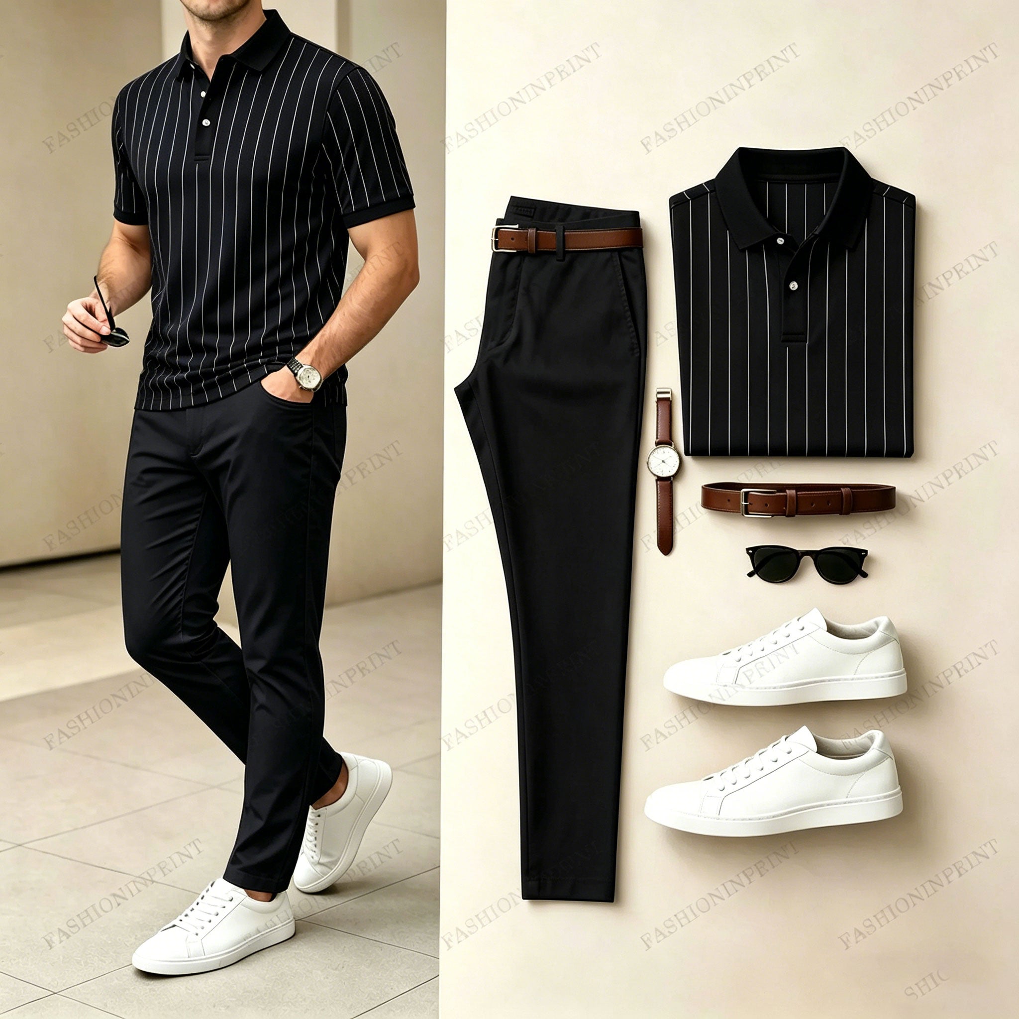 Men's Casual Printed Polo Shirt And Pants Two-Piece Set