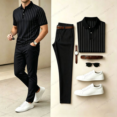 Men's Casual Printed Polo Shirt And Pants Two-Piece Set