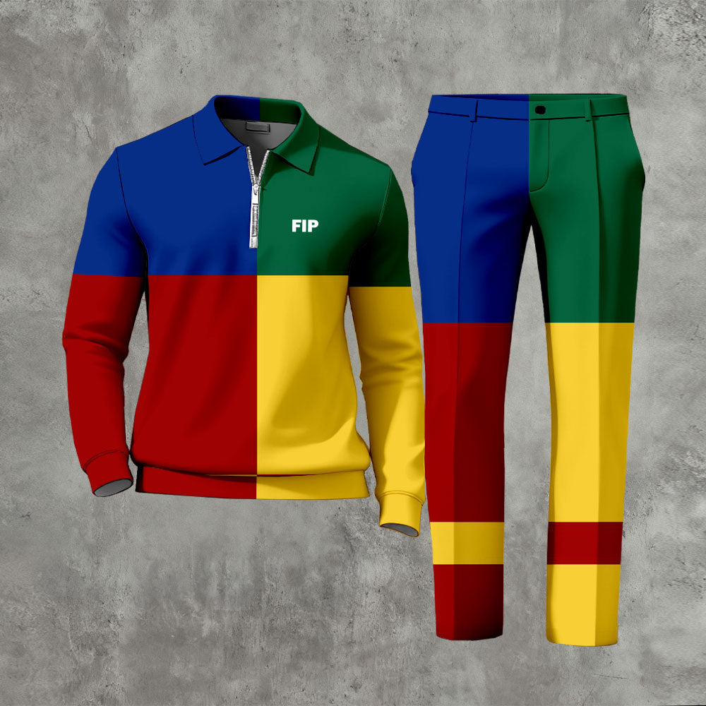 Men's Casual Multicolored Checked Printed Polo-Collar Zipper Long Sleeved Trousers Two-Piece Set