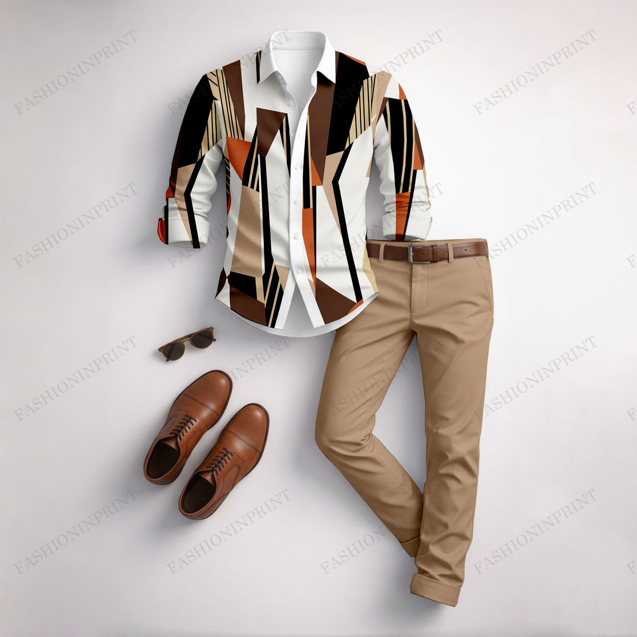 Men's Casual Color Matching Geometric Printed Long Sleeved Shirt & Trousers Two-Piece Set
