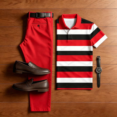 Men's Casual Yellow & Royal Blue & White Color Matching Striped Printed Short Sleeved Polo Shirt & Trousers Two-Piece Set
