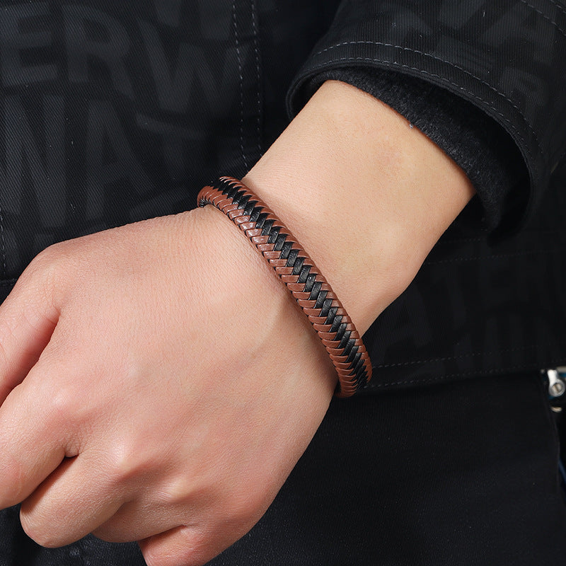 Vintage Leather Woven Cord Magnetic Buckle Bracelet