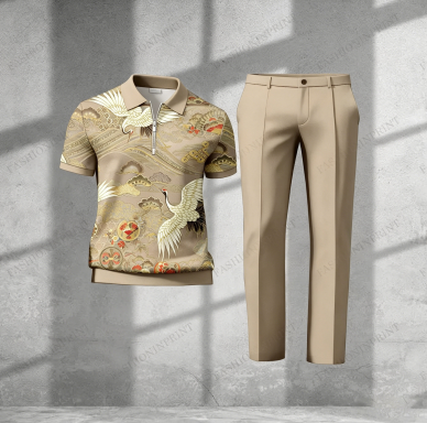 Men's Casual Royal Green Crane Short-Sleeved Half-Zip Polo Shirt And Royal Green Trousers Two-Piece Set  203720