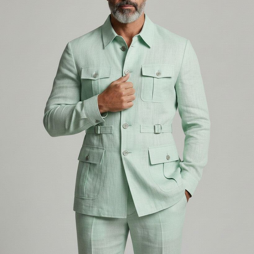 Men's Mint Green Multi-Pocket Turndown Collar Single Breasted Safari Jacket