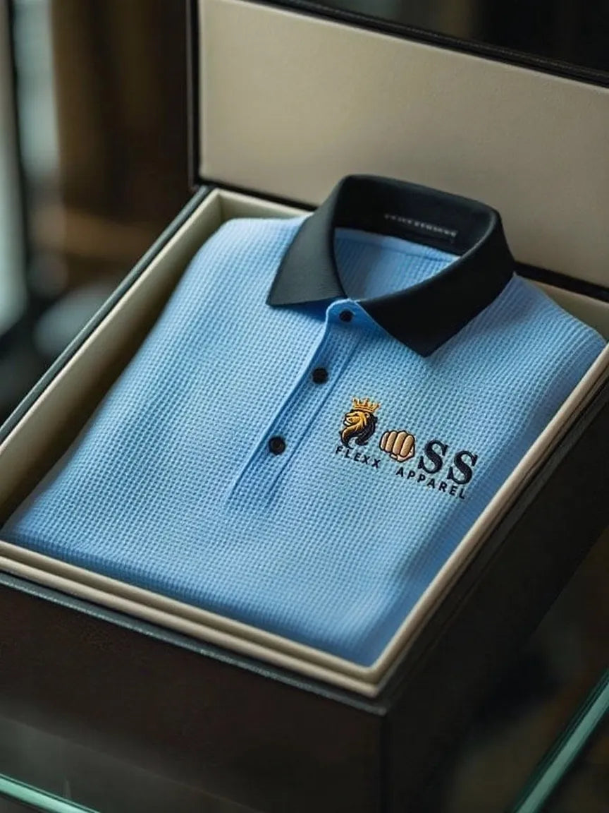 Men's Fashion Business Style Letter Printed Waffle Casual Short Sleeve POLO Shirt