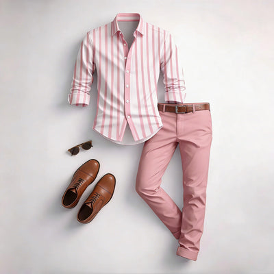 Men's Casual Brown & White Color Matching Striped Printed Long Sleeved Shirt & Trousers Two-Piece Set