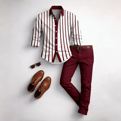 Men's Casual Brown & White Color Matching Striped Printed Long Sleeved Shirt & Trousers Two-Piece Set