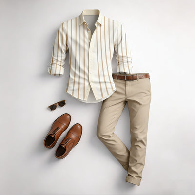 Men's Casual Brown & White Color Matching Striped Printed Long Sleeved Shirt & Trousers Two-Piece Set