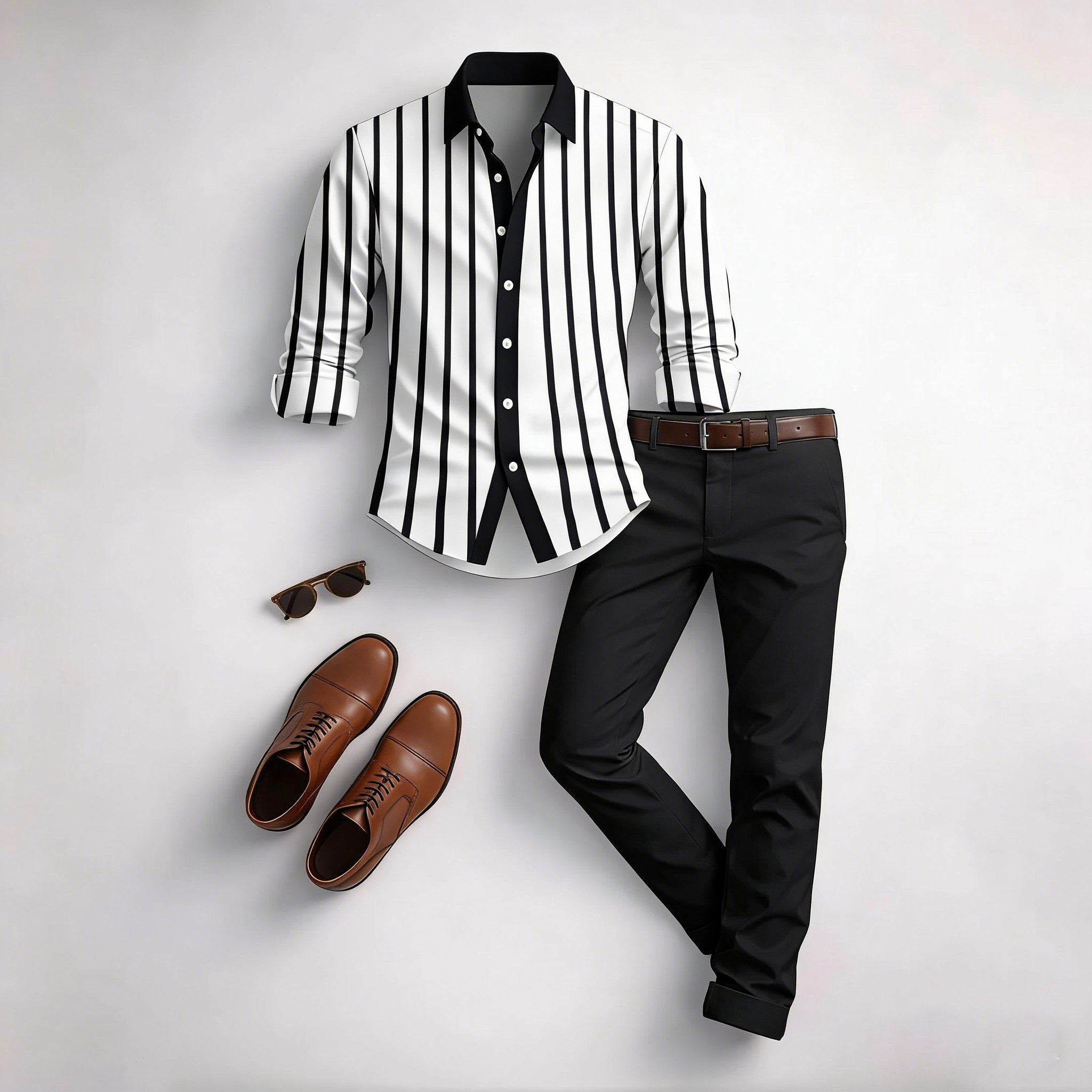 Men's Casual Brown & White Color Matching Striped Printed Long Sleeved Shirt & Trousers Two-Piece Set