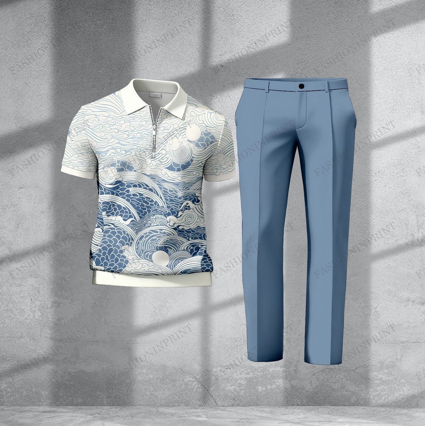Men's Casual Blue Floral Short-Sleeved Half-Zip Polo Shirt And Blue Trousers Two-Piece Set
