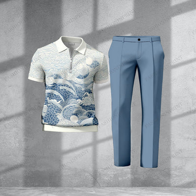 Men's Casual Blue Floral Short-Sleeved Half-Zip Polo Shirt And Blue Trousers Two-Piece Set