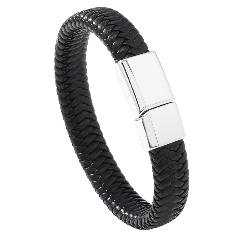 Vintage Leather Woven Cord Magnetic Buckle Bracelet