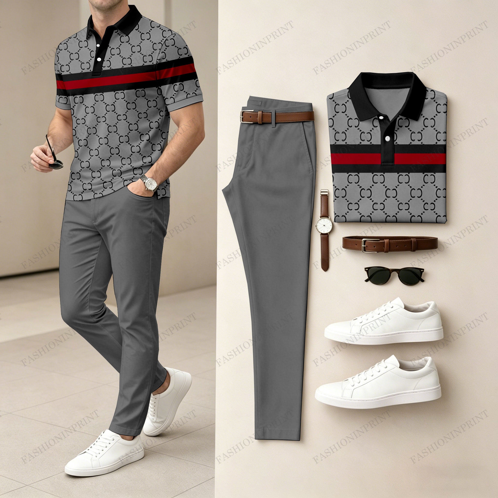 Men's Casual Grey Plaid Printed Polo Shirt And Pants Two-Piece Set
