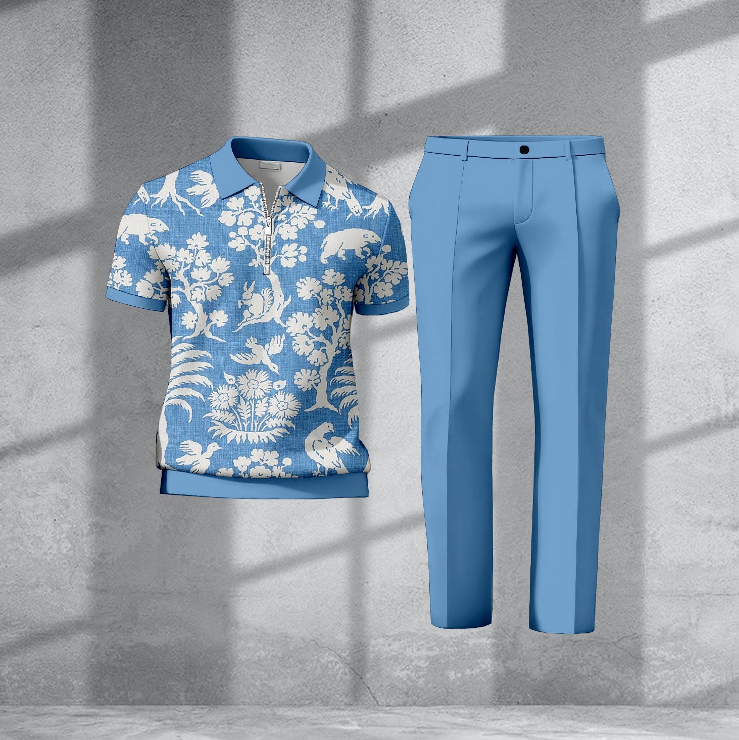 Men's Casual Blue & White Print Short-Sleeved Half-Zip Polo Shirt And Trousers Two-Piece Set