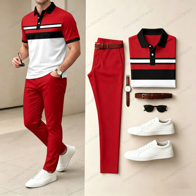 Men's Casual Khaki Geometry Printed Polo Shirt And Pants Two-Piece Set