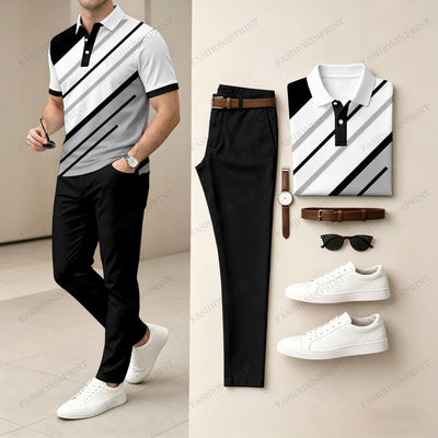 Men's Casual Black & White Twill Printed Polo Shirt And Pants Two-Piece Set