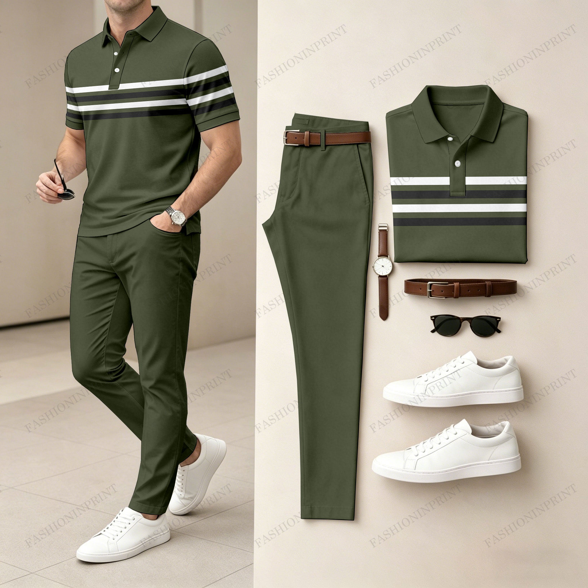 Men's Casual Dark Green Stripes Printed Polo Shirt And Pants Two-Piece Set
