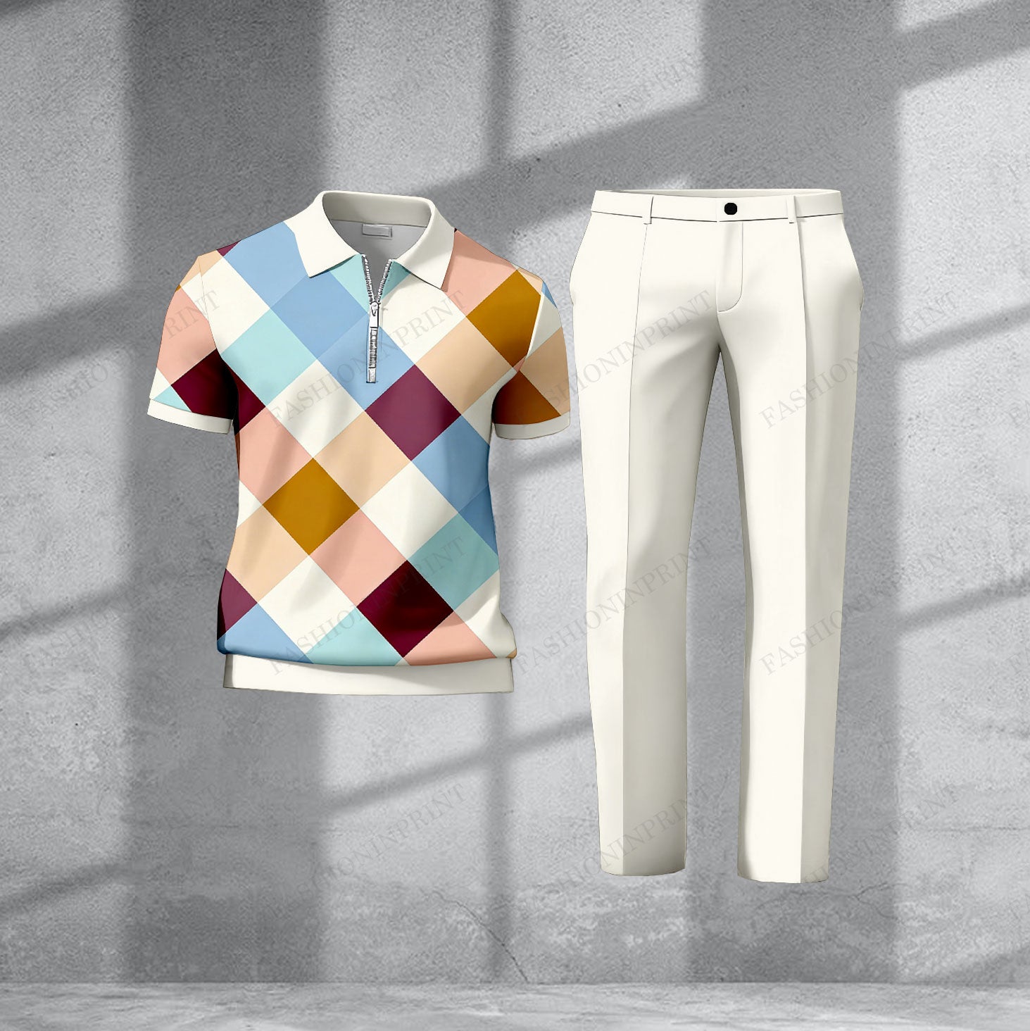 Men's Casual Colorful Plaid Printed Half-Zip Short-Sleeve T-Shirt And Pants Two-Piece Set