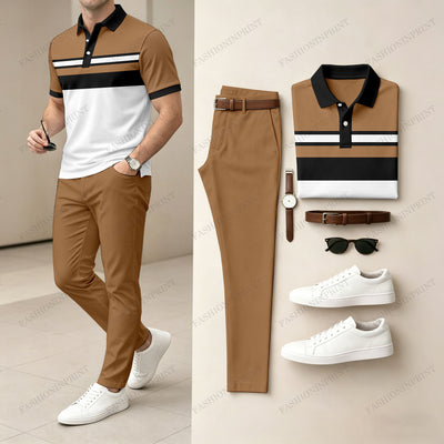Men's Casual Khaki Geometry Printed Polo Shirt And Pants Two-Piece Set