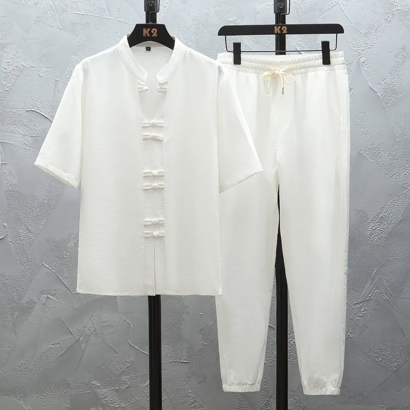 Shirts + Pants 2026 summer 100% Cotton linen Sportswear Men's Casual Sets spring Male Fashion trousers and shirts men size M-5XL